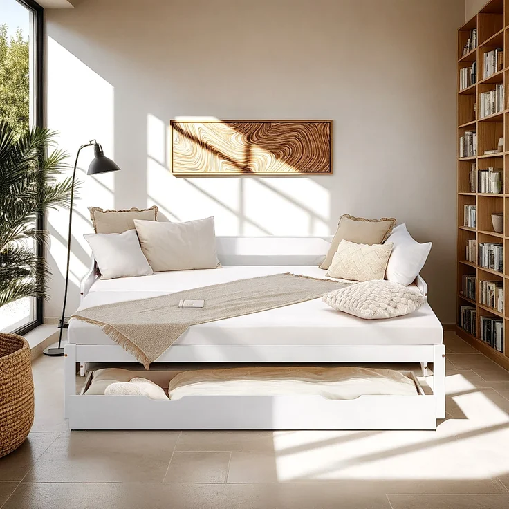 Gästebett Holzbett 90x200 cm mit 2 Matratzen Weiß Stauraum Tagesbett ausziehbar Jugendbett Ausziehbett Bett mit Bettkasten – Bild 2