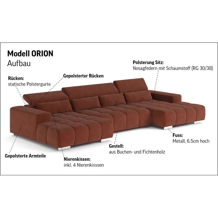 COTTA Wohnlandschaft Orion U-Form, B: 400 cm, Kopfteilverstellung & 4 Kissen, optional elektr. Sitztiefenverstellung – Bild 3