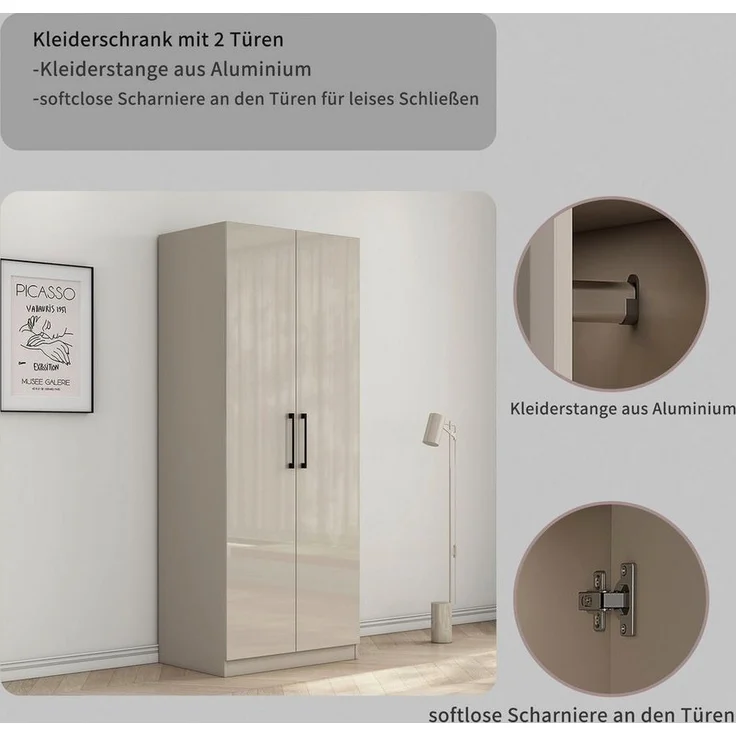 OTTO home Kleiderschrank Sylt Schlafzimmerschrank Garderobe Schrank Bestseller hochglanz (hochwertige Metall Griffe in schwarz) Drehtürenschrank mit perfekter Innenausstattung, Breite 80cm – Bild 3