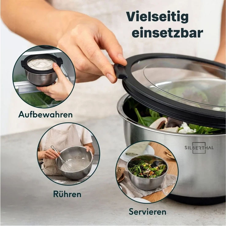 SILBERTHAL Rührschüssel Salatschüssel 5er Set, Edelstahl, (5-tlg), Rutschfest dank Silikonboden, mit integrierter Skala – Bild 3
