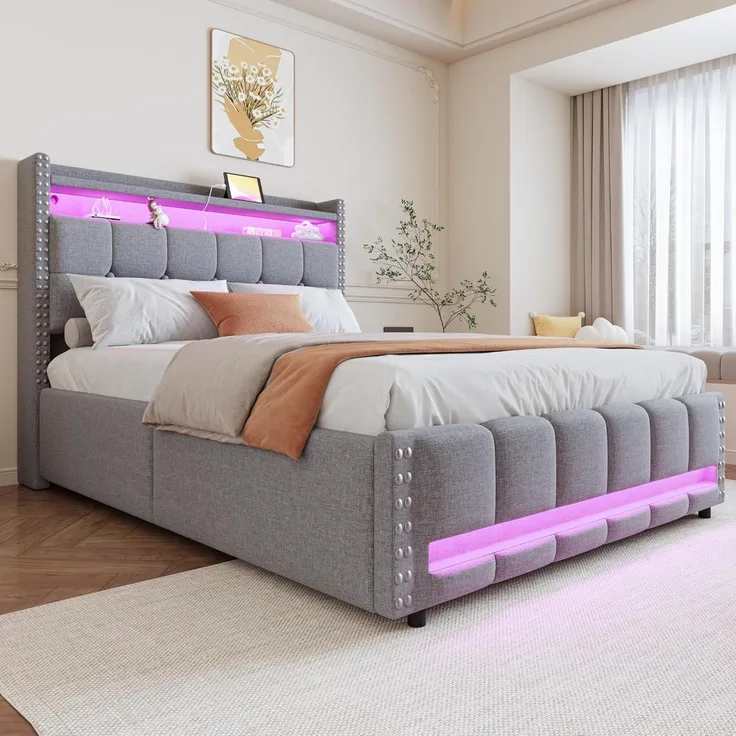 Ball & Cast Polsterbett (140x200 cm) mit USB-Steckdose und Lichtleiste, Hydraulische Lagerfunktion + Weicher Kantenschutz, Einfach & Zeitsparend Montierbar, Hellgrau