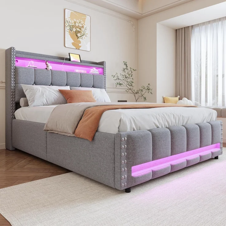 Ball & Cast Polsterbett (140x200 cm) mit USB-Steckdose und Lichtleiste, Hydraulische Lagerfunktion + Weicher Kantenschutz, Einfach & Zeitsparend Montierbar, Hellgrau