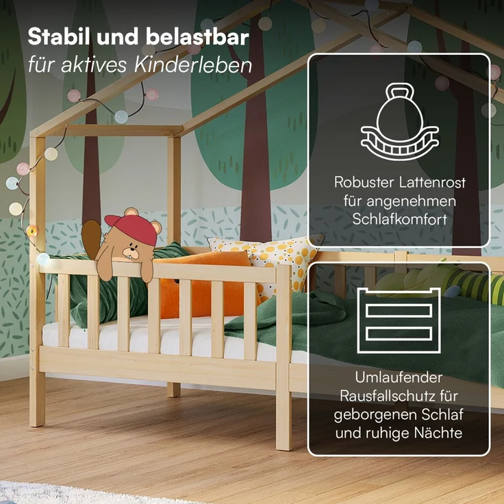 Bellabino 'Bia' Hausbett 90x200 cm, natur, Kiefer Massivholz, Montessori Kinderbett mit Rausfallschutz und Lattenrost – Bild 5