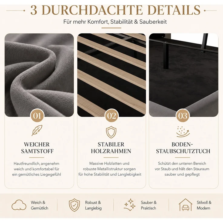 TavilaEcon Boxspringbett Samtbett, Polsterbett mit LED-Beleuchtung & USB-Ladefunktion grau Liegefläche 140 × 200 cm – Bild 7