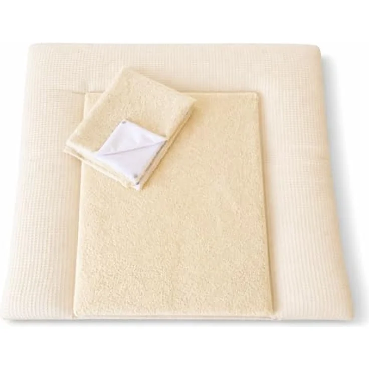 Wickelauflage Set 3-teilig – Wickelunterlage aus Waffelstoff mit Druckknöpfen – Baby Wickelauflage mit 2 Frottee Overlays – Wickeltischauflage – 75x75 cm (Breite x Tiefe), Hellbeige – Bild 3