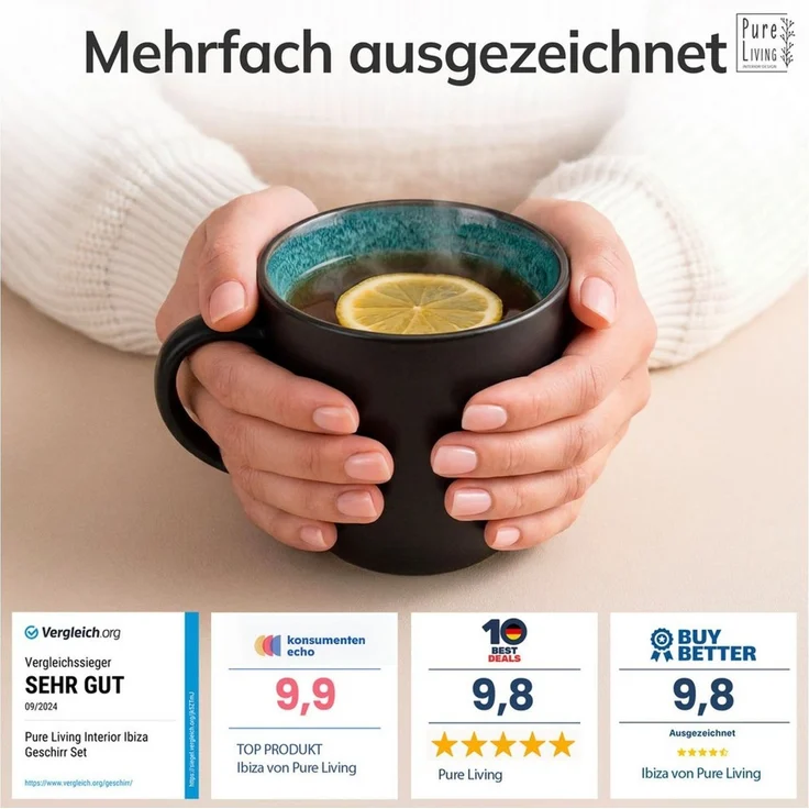 Steingut Kaffeetassen 6 Personen Ibiza TESTSIEGER, Traumhaftes Mediterranes Steingut Tassen Set, Stylisches Tee- und Kaffeebecher Set, Pure Living in Petrol – Bild 3