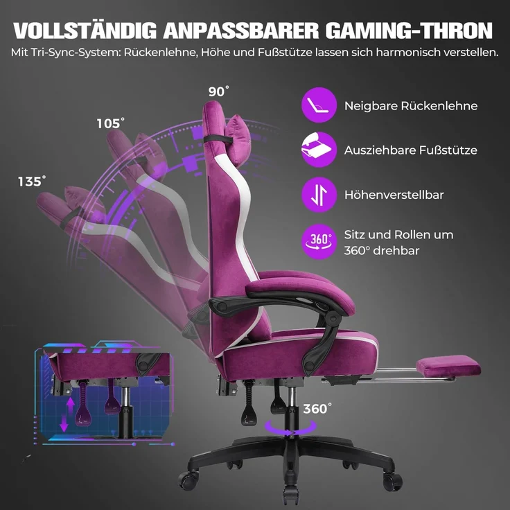 GTPLAYER Gaming Stuhl Ergonomischer, PC Stuhl Atmungsaktiver Stoff, Groß und Hoch Drehbarer Schreibtischstuhl mit Fußstütze,Verstellbare Lendenwirbelstütze und Kopfstütze,Lila – Bild 4