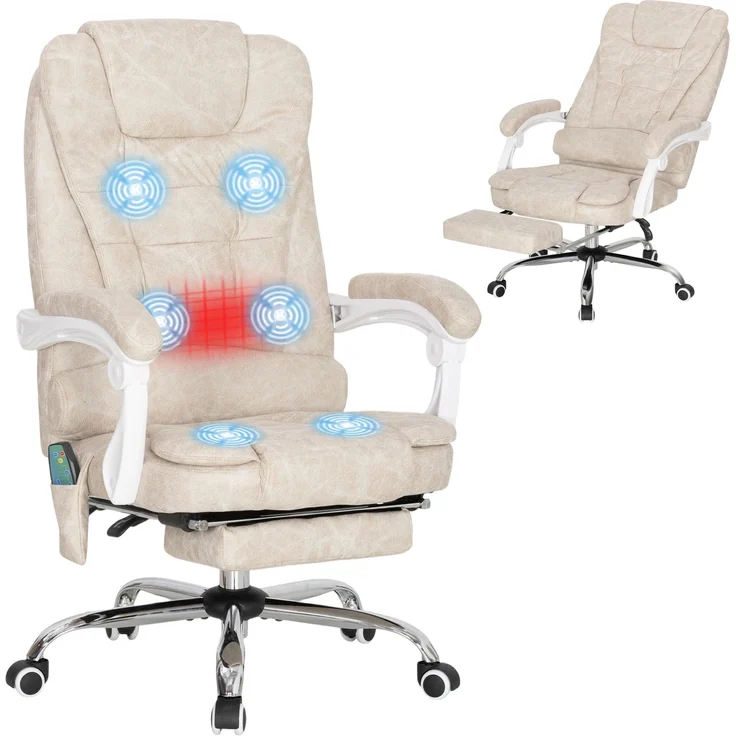 Massage- und Heiz-Bürosessel, Bürostuhl, höhenverstellbar, neigbare Rückenlehne, 65 x 70 x 111–119 cm, cremefarben – Bild 1