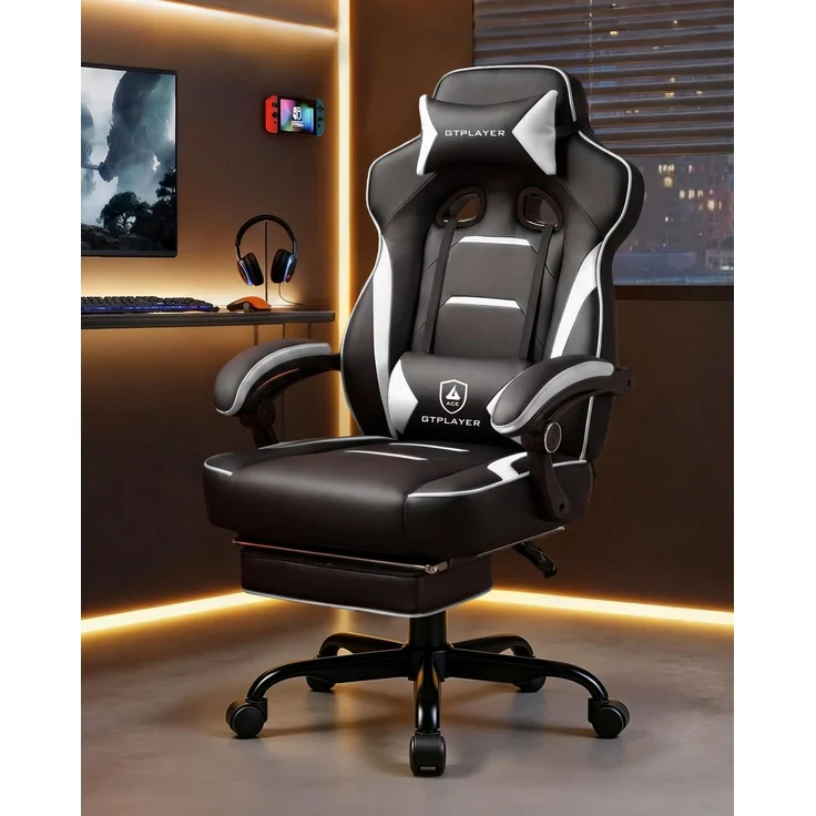 GTPLAYER Gaming Stuhl mit Fußstütze, Ergonomischer Bürostuhl 180kg, Schwerlast Gaming Sessel mit Lendenwirbelstütze und Kopfstütze, Höhenverstellbarer Computerstuhl, Gepolstert, neigbare 155°, weiß – Bild 4