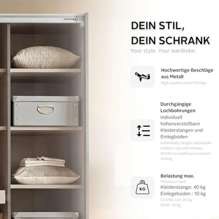 Rauch Möbel Kulmbach, Kleiderschrank mit Schwebetüren für Schlafzimmer, Kinderzimmer, Jugendzimmer, Garderobe, Flur, 3-türig, mit Spiegel, Zubehör Basic, Farbe Weiß, Breite 360 cm – Bild 5