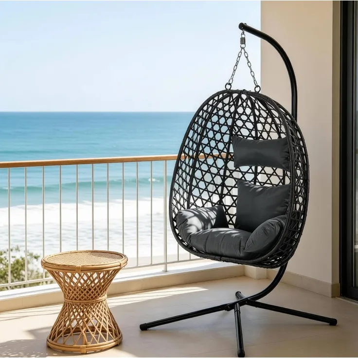 Hängesessel 105 x 105 x 195 cm in Dunkelgrau mit PE-Rattan, Kissen und 360° Schwingfunktion