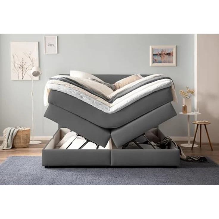Belanoti Boxspringbett LOFT (Boxspringbett 160x200 mit Bettkasten, 7-Zonen Taschenfederkern Matratze inklusive Visco Topper), Bett 160x200 in der Farbe Anthrazit H2/H3 Polsterbett – Bild 4
