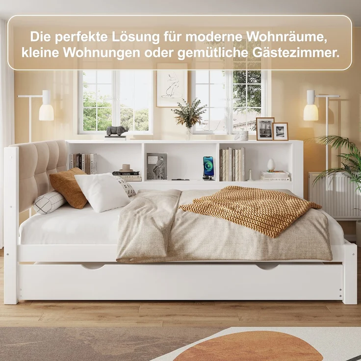 Merax Daybett, Tagesbett, Schlafsofa, 90x200cm, Einzelbett(Ohne Matratze), mit ausziehbarem Bett, mit dimmbarer LED-Leiste, mit praktischem Regal, mit USB-Anschluss, 90x200cm, Kiefernholz, Weiß – Bild 7