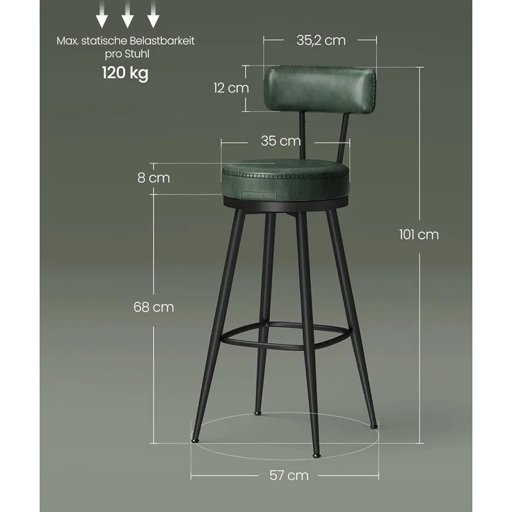 VASAGLE EKHO Kollektion - 360° drehbarer Barhocker, 2er Set, Hocker mit Rückenlehne für Bartisch, Kunstleder mit Nähten, Mid-Century-Modern-Stil, 76 cm hoch, Küche, Hausbar, waldgrün – Bild 3