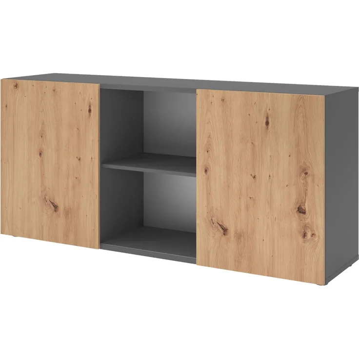 bümö Schwebetürenschrank, Sideboard Graphit/Asteiche - Büromöbel Sideboard Holz 160cm breit, 42cm schmal, Büro Schrank mit Schwebetür für Flur oder als Wohnzimmer-Kommode, 1780-G-R