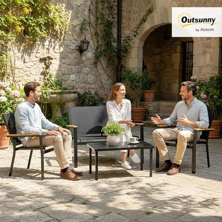 Outsunny Sitzgruppe für 4 Personen mit 2er Sofa Stuhl Beistelltisch, (Gartenlounge, 4-tlg, Gartenmöbel Set), für Garten Balkon Schwarz – Bild 2