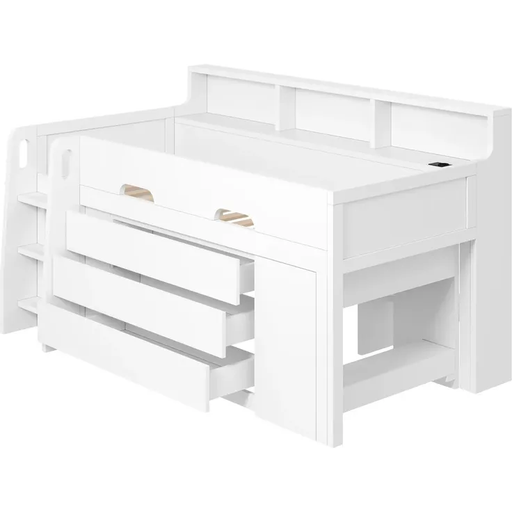 Hochbett mit Schreibtisch, Stauraum, LED-Streifen, Lattenrost, Regalen, Schubladen, Rausfallschutz, USB und Leiter, 90x200 cm, Kinderbett, Kiefer – Bild 6