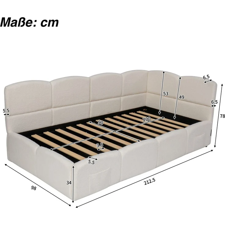 Polsterbett mit Aufbewahrung, Taschen, Lattenrost, USB und Type-C, 90x200 cm, Einzelbett mit gepolstertem Kopfteil, Samt – Bild 6