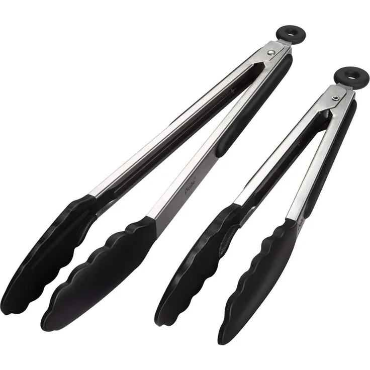 iNeibo Grillzange Küchenzange Zange Küche aus Rostfreim Edelstahl und Silikon Fleischzange Kochzange mit Hitzebeständigem Silikongriff 2er Set 30cm und 23cm Schwarz