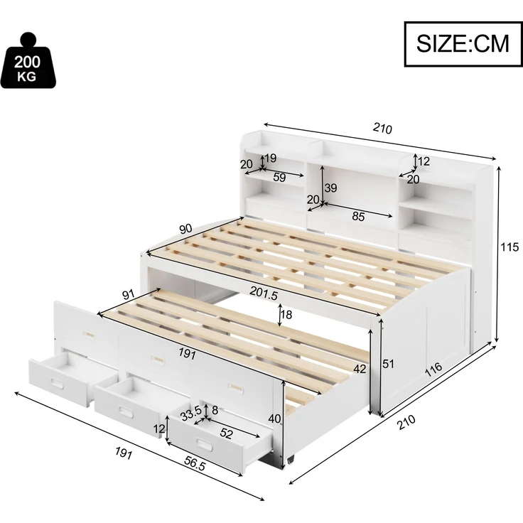Bett 90x200 cm mit Ausziehfunktion, LED-Fernbedienung und Stauraum – Weiß – Bild 10