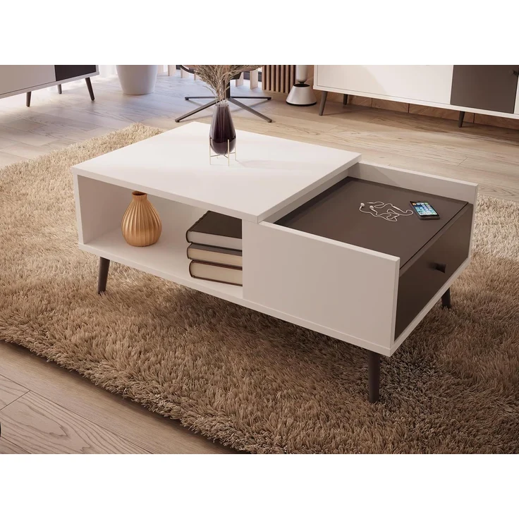 Forte HARLLSON, einfache Montage Dank EasyKlix by Couchtisch Weiß mit Uni Wolfram Grau, Wohnzimmertisch mit Schublade, skandinavischer Stil, Retro, 106 cm breit x 45 cm hoch x 60 cm tief – Bild 1