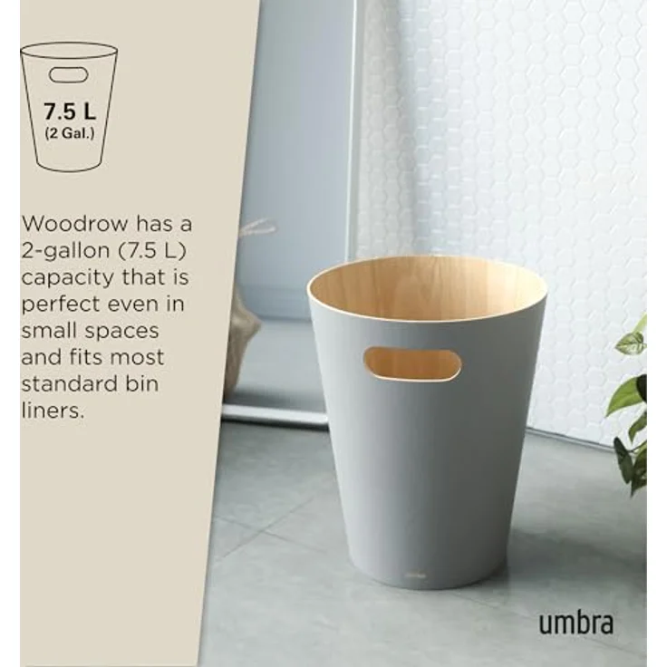 Umbra Woodrow Abfalleimer - Zweifarbiger Holz Papierkorb für Büro, Badezimmer, Wohnzimmer und Mehr, 7,5l Fassungsvermögen, Natur / Hellgrau – Bild 7