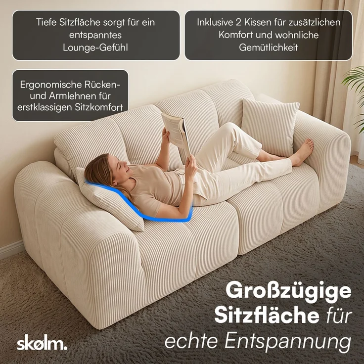 skølm 'Vanaheim' Sofa 2 Sitzer mit 2 Kissen, Cloud Sofa Cord beige, Vollschaumcouch mit Federkern und Vakuum-Kompression, kein Aufbau erforderlich – Bild 6