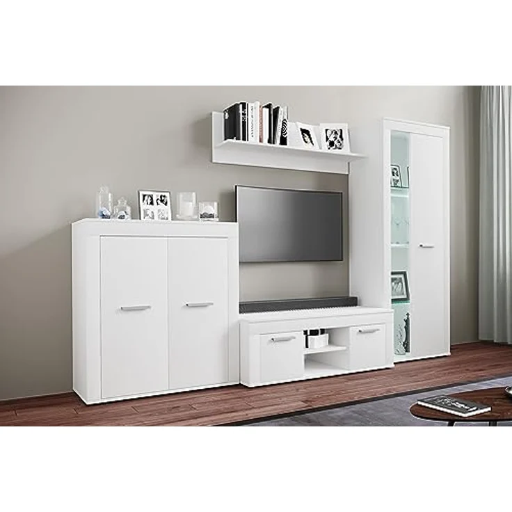 MID.YOU Wohnwand Usilo, Weiß, 4-teilig mit 5 Fächern, stehend und hängend, 242x159x37 cm, Kunststoff – Bild 2