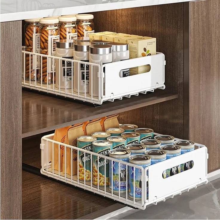 OSTWOLKE Küchenorganizer-Set Teleskopschublade, Faltbare Ausziehbarer Schrank Organizer, Kein Bohren Pull Out Cabinet organizer, Küchenschrank Organizer – Bild 3
