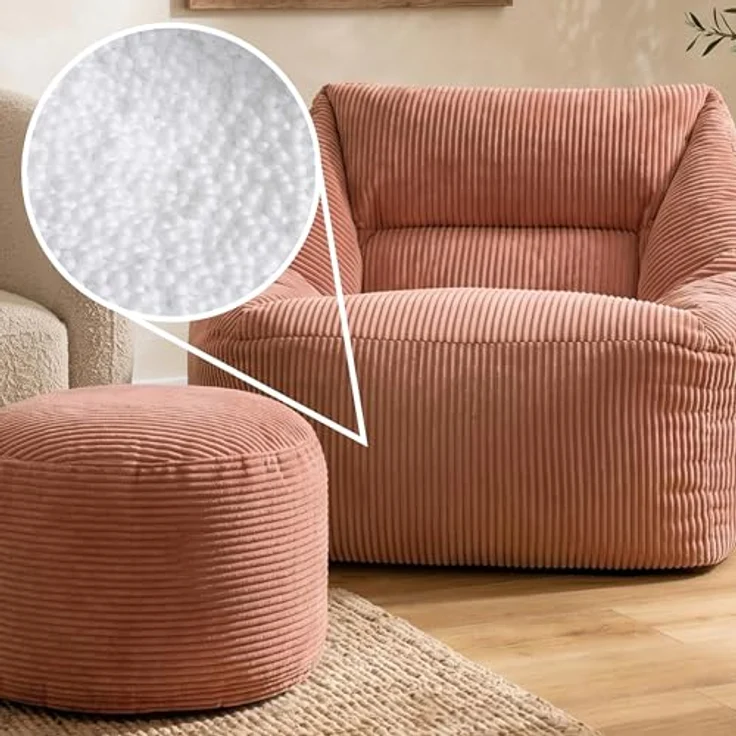 Icon Natalia Sitzsack Sessel mit Hocker für Erwachsene, Rosa, Flauschiger Cord Stoff, Riesen Sitzsack Cord mit Füllung, Bean Bag Chair, Bequemer Sessel Wohnzimmer, Lounge, Schlafzimmer, Büro – Bild 6