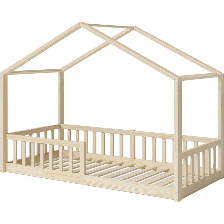 Bellabino 'Bia' Hausbett 90x200 cm, natur, Kiefer Massivholz, Bodenbett in Hausoptik, Montessori Kinderbett mit Rausfallschutz und Lattenrost – Bild 2