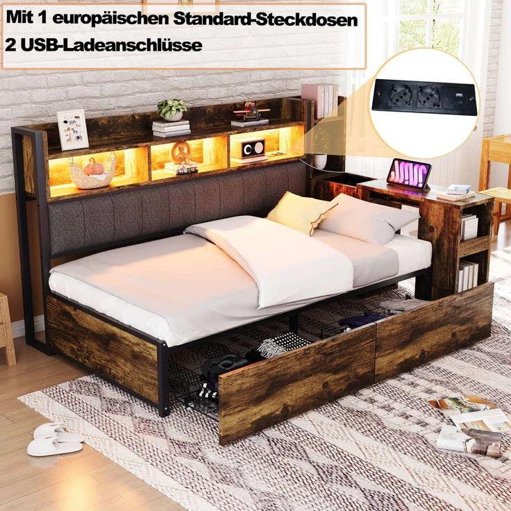EINHOM Eisen Sofabett 90 x 200 cm mit Stauraum, Metall + Holz, mit Vielseitigen Staufächern & Schließfächern, Multifunktionalen Steckdosen & LED-Beleuchtung, Komplett mit Großen Schubladen und einem Ausziehbaren Schreibtisch, Naturholz (Ohne Matratze) – Bild 7