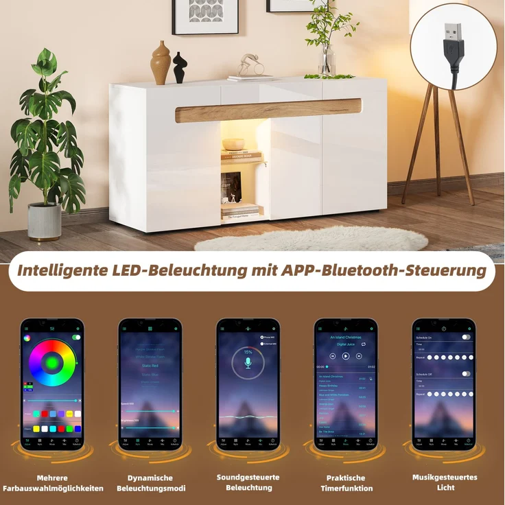 DESVIAE Sideboard mit LED-Beleuchtung und 3 Türen 140x70x40 cm Spanplatte Weiß/Natur – Bild 6