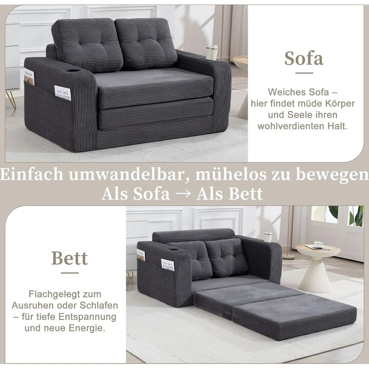 LVHOM 2-Sitzer Sofa aus Cordstoff – Montagefrei, Multifunktionales Schlafsofa mit Getränkehaltern und Seitentaschen, klappbares Gästebett, Grau – Bild 2