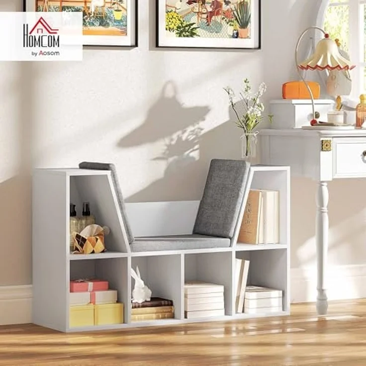 HOMCOM Bücherregal Kleiner Bücherschrank mit Sitzkissen, 6 Fächern, Leinenoptik, Aufbewahrungsregal 1-tlg, für Wohnzimmer, Schlafzimmer, 105 x 30 x 63 cm, Weiß – Bild 2