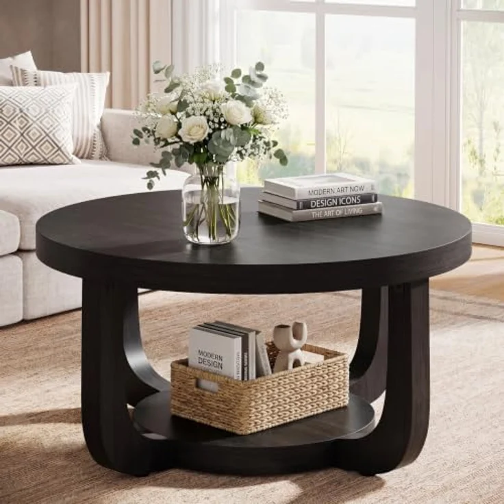LITTLE TREE Runder Couchtisch 80 cm, 2-stöckiger Wohnzimmertisch mit Ablage | Landhausstil Kaffeetisch, Holz‑Optik Tisch für Wohnzimmer, Schlafzimmer und Lounge, Schwarz – Bild 1