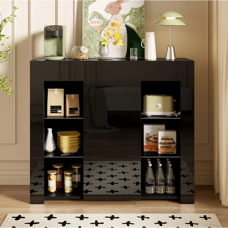 DESVIAE Sideboard mit Glaseinlegeböden und Tür 95x83x35 cm Spanplatte Schwarz – Bild 3