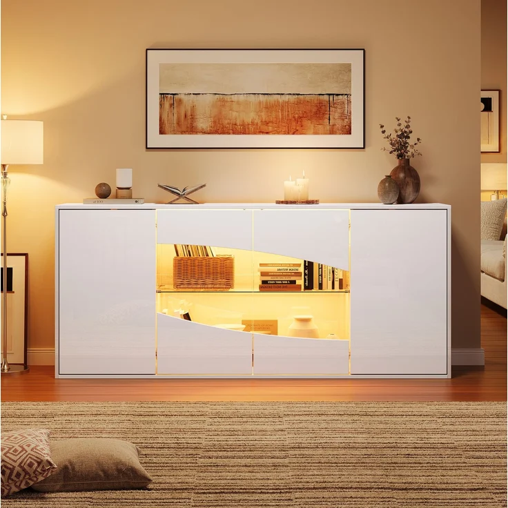 DESVIAE Sideboard Weiß aus MDF – 160x70x35 cm – LED-Beleuchtung, 4 Türen, 6 Staufächer – Bild 3
