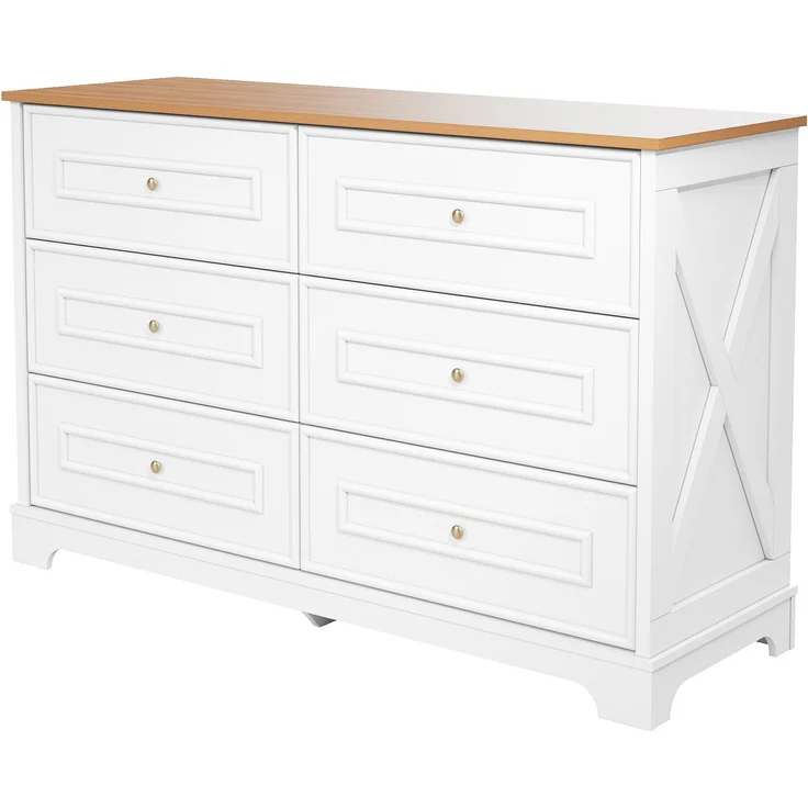 DESVIAE Sideboard mit 6 Schubladen 120x76x40 cm MDF und Spanplatte Weiß/Naturholz – Bild 8