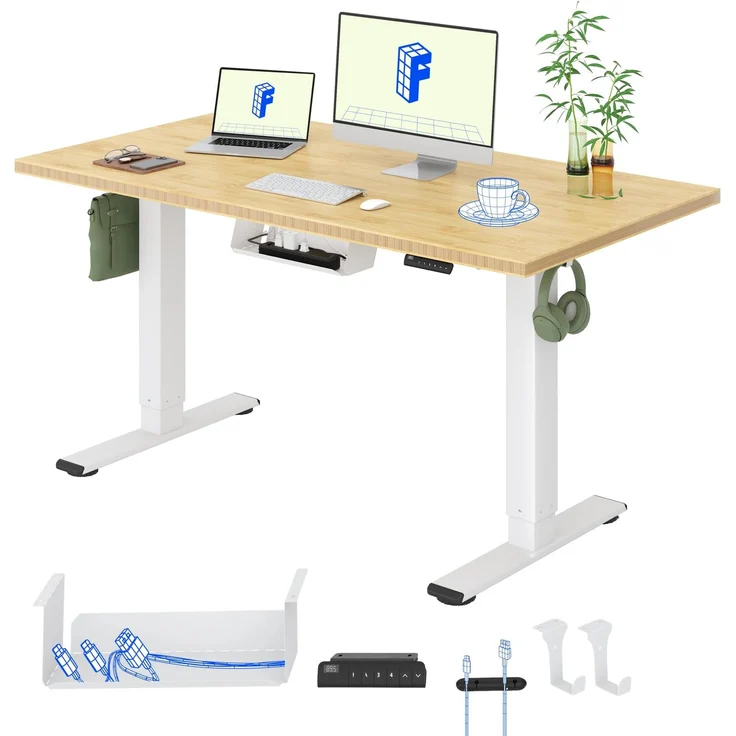 FLEXISPOT Höhenverstellbarer Schreibtisch mit 2 Motoren und einteiliger Tischplatte – Ergonomischer Bürotisch, 140x80 cm, Bambus-Tischplatte (19 mm), weißes Gestell – Bild 1
