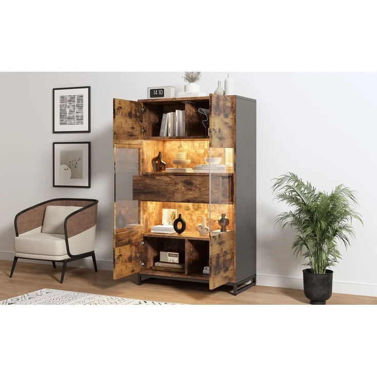ZUBALIYA Vitrine (80 x 40 x 138 cm), 2 Türen und 2 Schubladen, LED - Beleuchtung, Transparente Elemente, Beige / Naturfarben / Schwarz – Bild 10