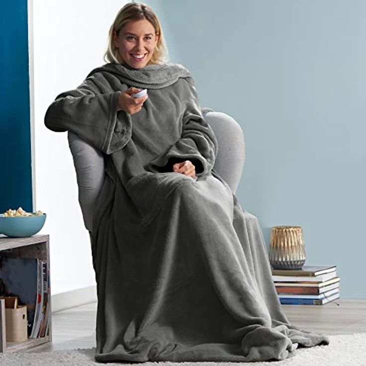 CelinaTex TV-Decke mit Ärmeln und Fußtasche Flauschige Kuscheldecke XL 170x200 cm grau Mikrofaser Fleece Soft Oeko-TEX – Bild 7