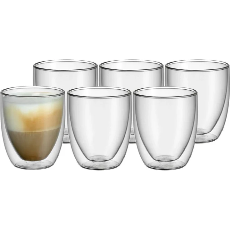 WMF Kult doppelwandige Cappuccino Gläser Set 6-teilig, doppelwandige Gläser 250ml, Schwebeeffekt, Thermogläser, hitzebeständiges Teeglas, Kaffeeglas, Klar – Bild 1