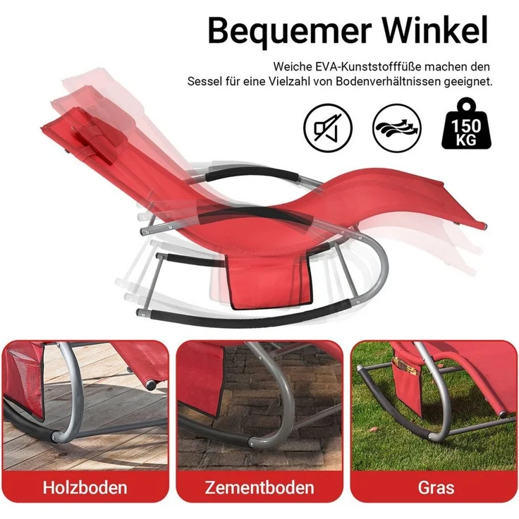 SoBuy Swingliege Gartenliege mit Tasche und Kopfkissen atmungsaktiv und luftig Schaukelliege Sonnenliege Liegestuhl für Gärten, Höfe, Strände, Balkone Rot 150 kg Belastung OGS28-R – Bild 3