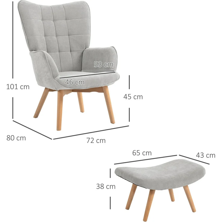 Ohrensessel mit Hocker 72 x 80 x 101 cm – Relaxsessel in Grau mit Holzbeinen und gepolstertem Sitz – Bild 3