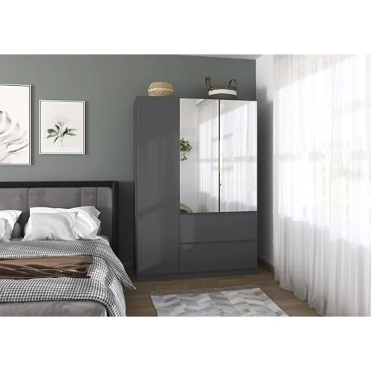 Rauch Möbel Costa, Kleiderschrank für Schlafzimmer, Kinderzimmer, Babyzimmer, Garderobe, 3-türig, Spiegel, 2 Schubladen, Push-to-Open, Zubehör Classic, Farbe Grau metallic, Schwarz, Breite 136 cm – Bild 2