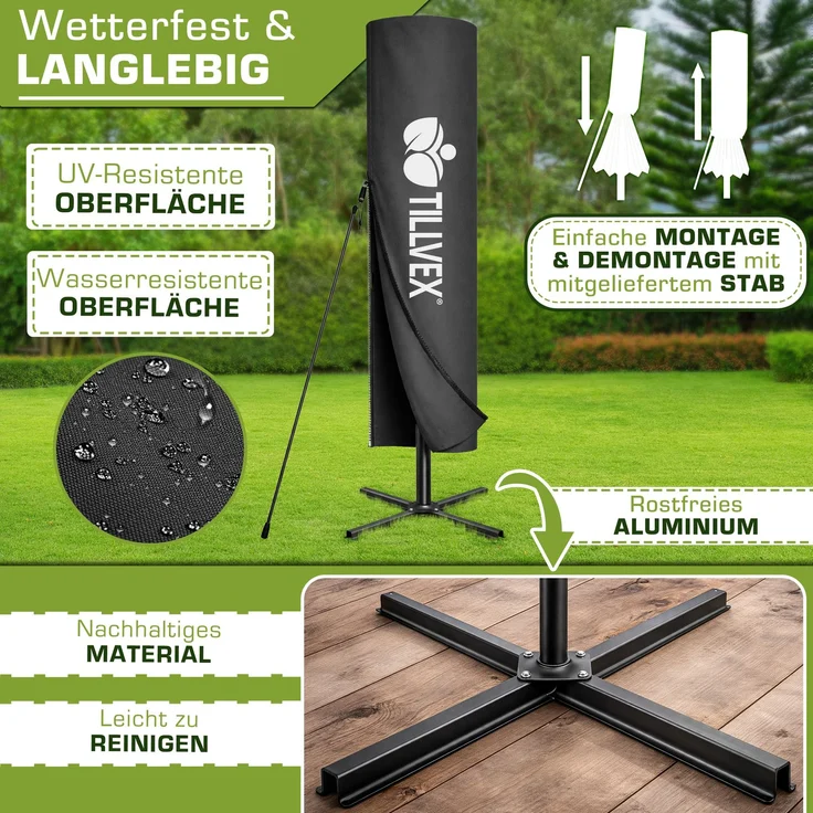 tillvex® Alu Sonnenschirm Rechteckig Ø 330 cm mit LED Solar Taupe + Abdeckung mit Kurbel | Ampelschirm mit Ständer & Windschutz | Gartenschirm UV-Schutz, wasserdicht, 360° drehbar | Kurbelschirm Marktschirm – Bild 3