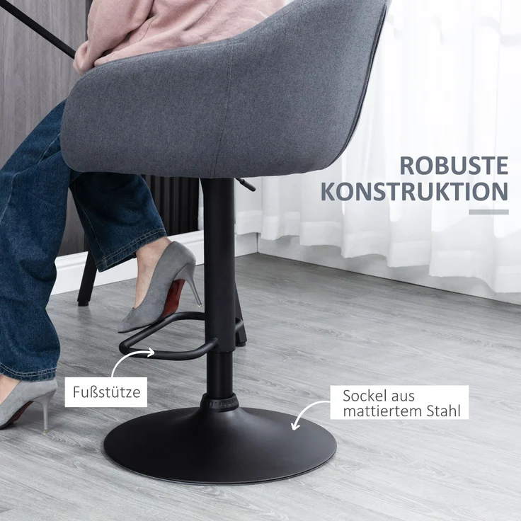 Barhocker höhenverstellbar mit Lehne und mit Fußstütze; 110kg belastbar Leinenoptik, 54 cm x 54 cm x 112 cm, Grau--Dunkelgrau--54x54x112cm--YOUDENOVA – Bild 6