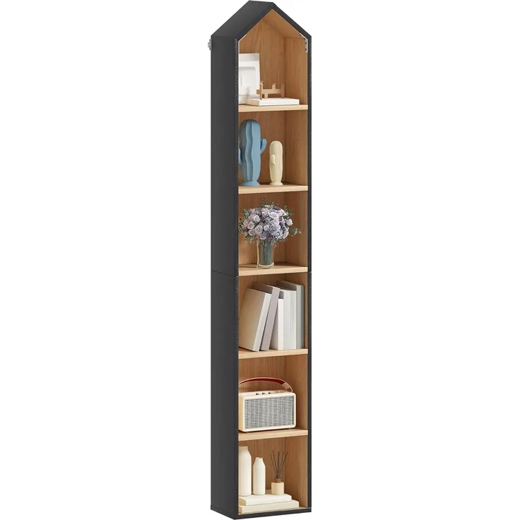 YITAHOME Hohe Schmale Bücherregal, l Haus Geformt Dünne Ecke 6-Tier Freistehende Bücherregal, Platzsparendes Design Display Lagerung für Haus & Büro, schwarz & Eiche, 30W × 23.5D × 181H cm