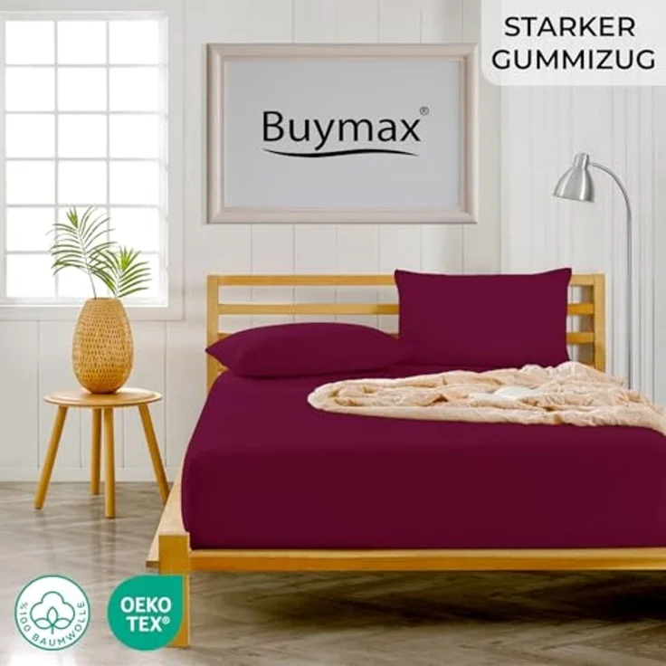 Buymax® Topper Spannbettlaken 140x200 cm Spannbetttuch 100% Baumwolle Jersey für Matratzentopper bis 12 cm Matratzenhöhe Bettlaken für Boxspringbett Topper, Bordeaux Rot – Bild 2